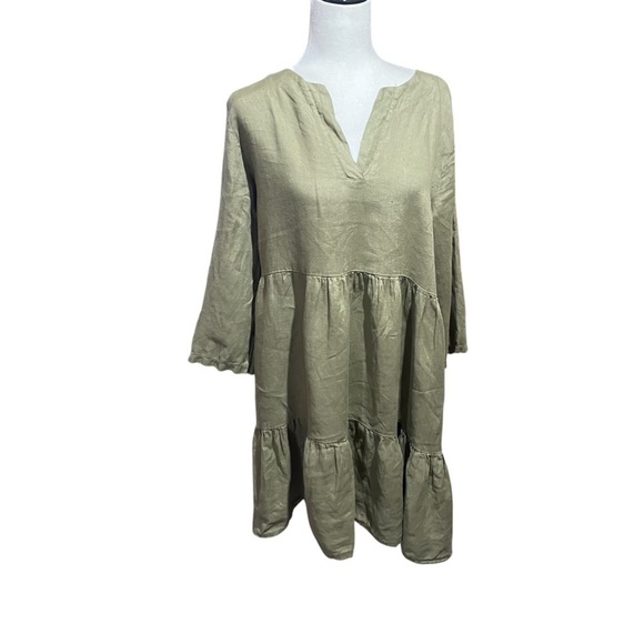 Bellambra Linen Dress-Layered-Ruffled-V Neck-3/4 Sleeves-Size Medium-Made Italy - Picture 2 of 10